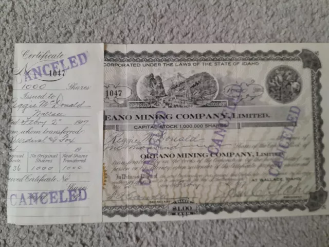 Oreano Mining Company Limited. 1917 Common Stock Certificate