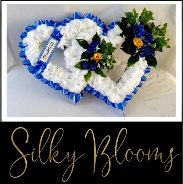 Double Heart Artificial Silk Funeral Flower Tribute Wreath  Name Mum Dad Nan