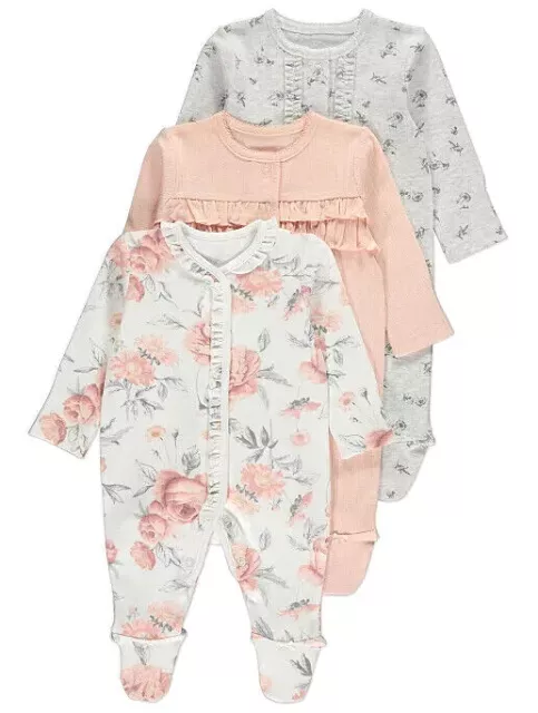 George Baby Girls Sleepsuits 3 Pack Frilly Peach Ribbed Floral Cotton Babygrows