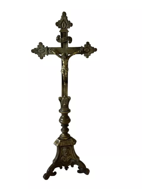 VTG Brass Crucifix Altar Inri Jesus Joseph And Mary Base 15.5” Holy Cross