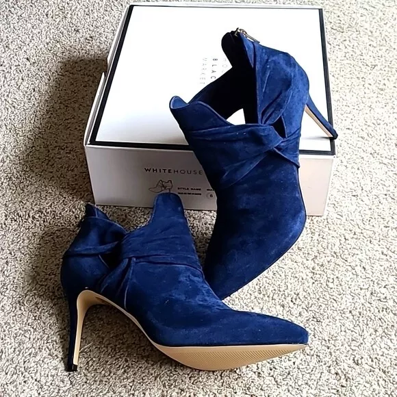 White House Black Market Chloe Side Twist Shootie Bootie in Blue Suede $250