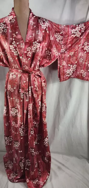 Vintage JAPANESE LONG KIMONO Style ROBE + BELT Red FLORAL Dressing Gown PERFECT