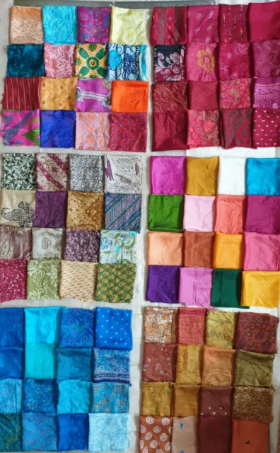 LOT PURE SILK Vintage Sari Fabrics REMNANT 96 Pcs 8" SQUARES Mixed DS329