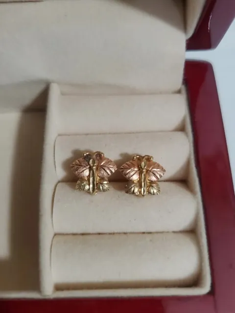 10k Black Hills Tricolor Gold  Butterfly Grape Leaves Stud Earrings Petite