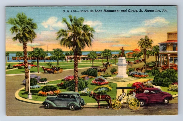 Vintage Pounce De Leon Monument & Circle St Augustine Florida~Linen Postcard Am