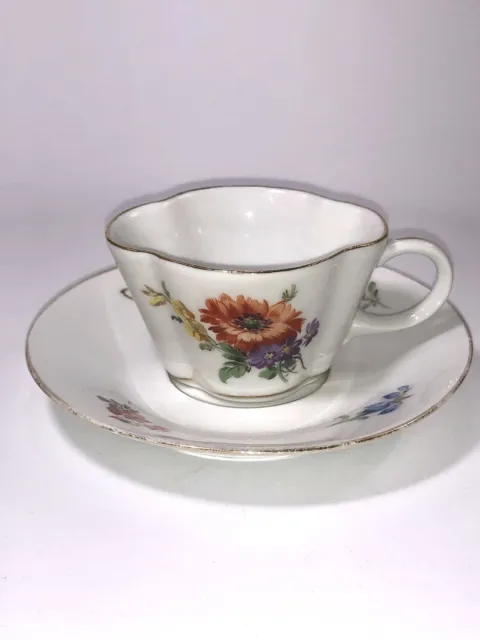 Antique Meissen Floral Demitasse Cup & Saucer, Quatrefoil C.1924 As Is