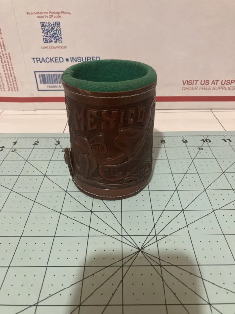 Vintage Tooled Leather Dice Cup With Holder Felt Lined Poker Dice MEXICO