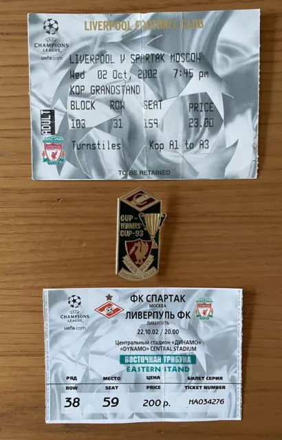 Liverpool v Spartak Moscow Champions League Home+Away Ticket Stubs & Badge 2002