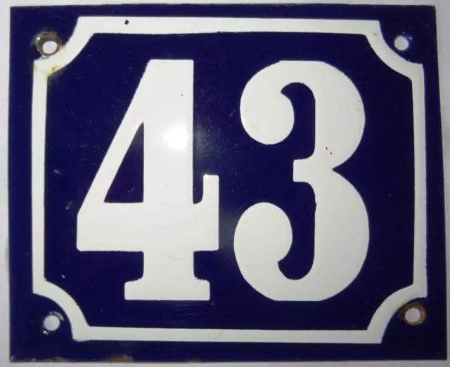 Altes Emaile Hausnummer Schild Nr.43 Emailschild  12 x 10 cm in blau gewölbt