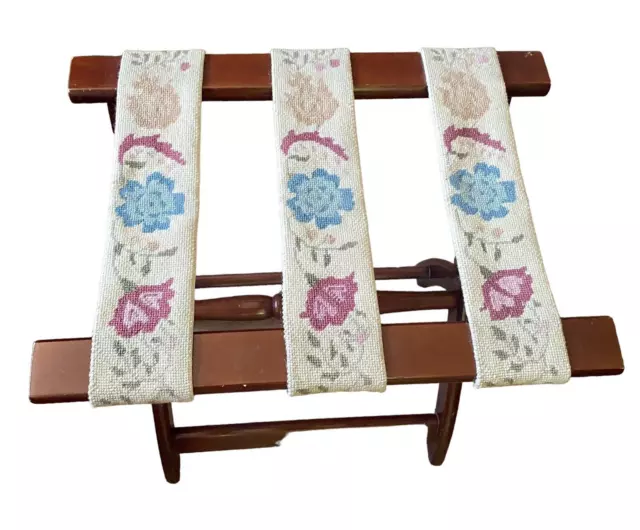 Vintage Wooden Folding Luggage Suitcase Rack Stand Floral Tapestry Straps