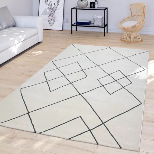 Alfombra Salón Moderna Diseño Rombos Escandinava Pelo Corto Resistente Blanco