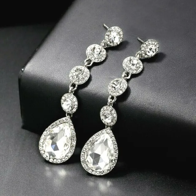 Silver Crystal Earrings Big Long Drop Rhinestone Diamante Bridal Wedding Dangle