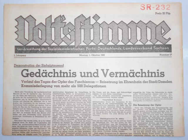 Zeitung Oktober 1945 Volksstimme Landeszeitung der SPD Sachsen Nr. 17