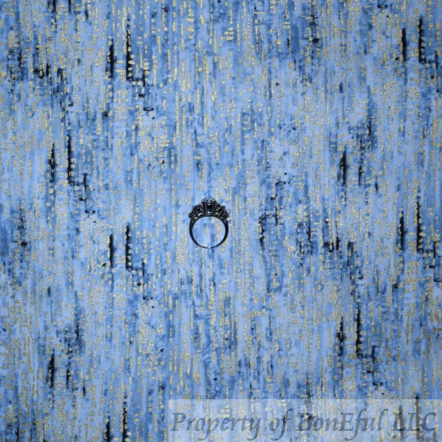 BonEful Fabric FQ Cotton Quilt Blue White Gold Metallic Blender Tiny Space Earth