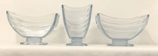 1930’s Art Deco “Sowerby” Blue Glass Mantle Fruit Bowls & Vase 1938 List No.32