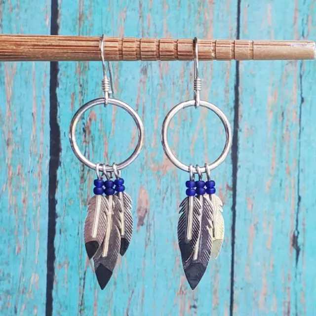 Triple Feather Dangle Earrings Silver-Tone with Blue Beads Hooks Marked 925