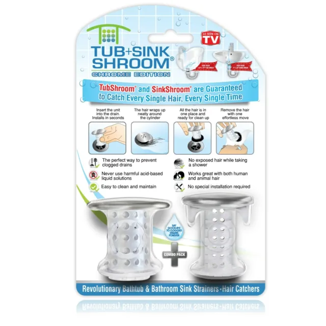 TubShroom & SinkShroom Chrome Combo Pack Hair Catchers Strainers Drain Protector