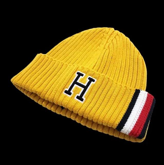 Tommy Hilfiger Mens Embroider Yellow Multi  Cotton Knit Beanie Hat One Size Rare