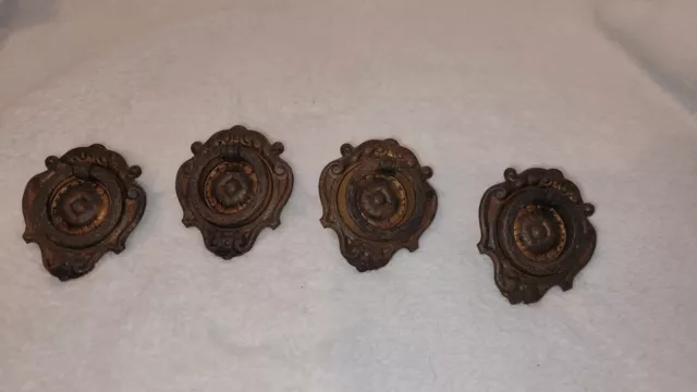 Set Of 4 Vintage Drop Ring Drawer Pulls Metal Sheild Design 2" Ornate Detail