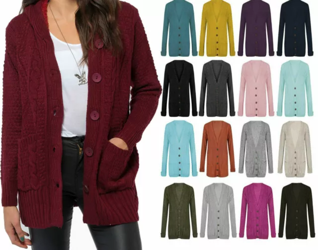 Womens Ladies Grandad Cardigan Cable Chunky Knit Cardigan Button Long Sleeve  Uk