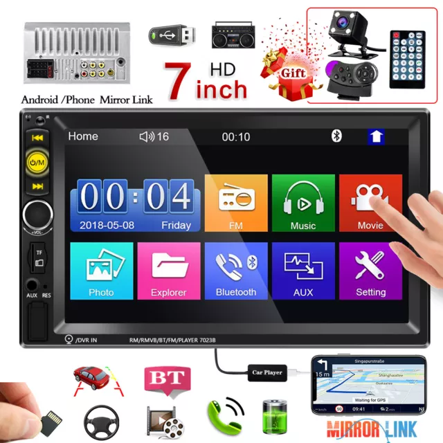 7" Double 2 DIN Bluetooth Car Radio Stereo FM AUX MP5 Player Touch Screen + Cam