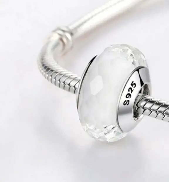 Charm 925 Silber Glas Perle Murano Facettiert Klar Weiß - für Pandora Armband