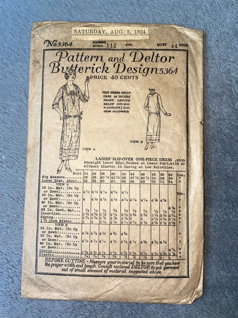 VTG 1920s Butterick & Deltor Slip-Over One Piece Flapper Dress Pattern 5364