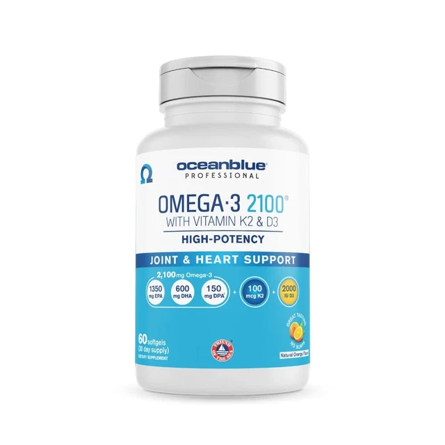 Oceanblue Omega-3 2100 with Vitamin K2 and D3 – 60 ct – Triple Strength Burpl...