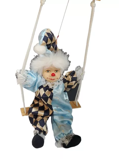 Clown Doll on Swing Marionette Vintage Porcelain Face Room Decor Decoration