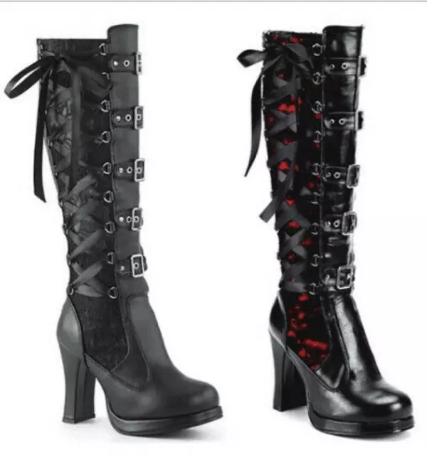 Womens Gothic Round Toe Knee High Boots Punk Lace Up Thick Heels Shoes Nightclub