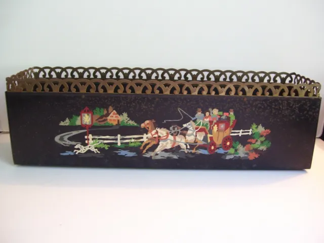 Vintage Tole Black Metal Plant Holder Handpainted Horse & Carriage Country Scene