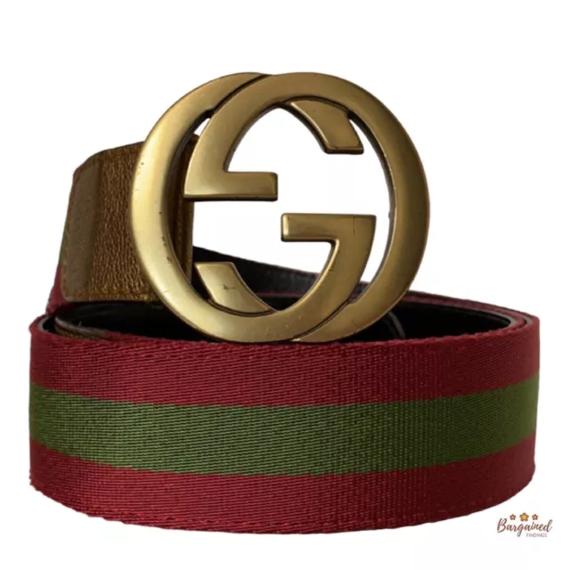 Authentic Gucci Red/Green Web Leather Gold Interlocking G Buckle Belt 95/38