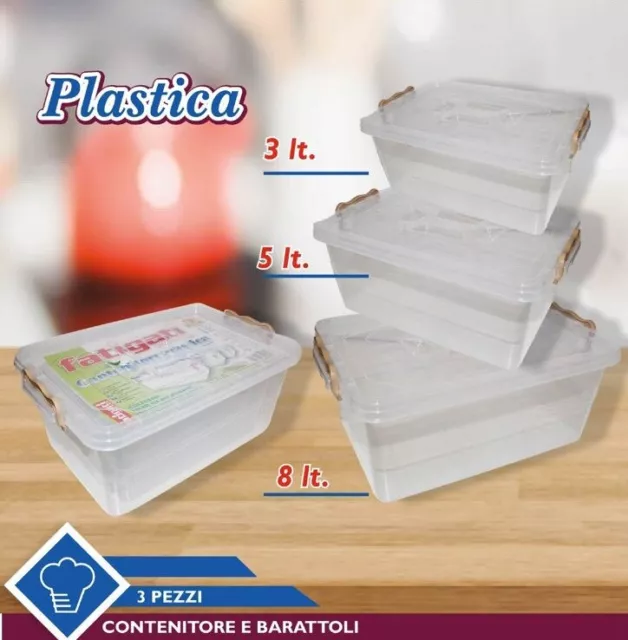 Set 3 Pièces Rangements Pour Aliments avec Couvercle Plastique 3Lt 5Lt 8Lt Dfh