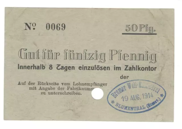 Blumenthal - Bremer Woll Kämmerei - 50 Pfennig - 19.8.1914- Dießner 35 - #20515