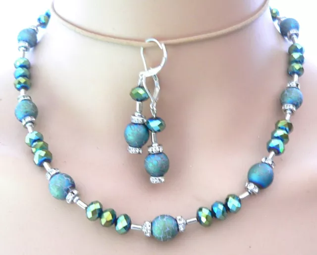 2er Set Halskette Collier Ohrringe Perlen Krakelee petrolgrün matt Strass 156h