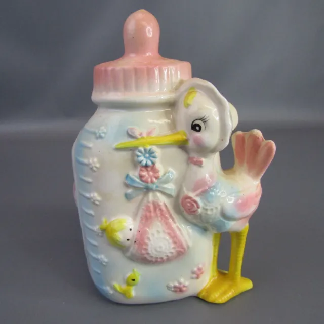Vintage Nursery Room Ceramic Planter Baby Bottle Stork Blue & Pink Shower Vase
