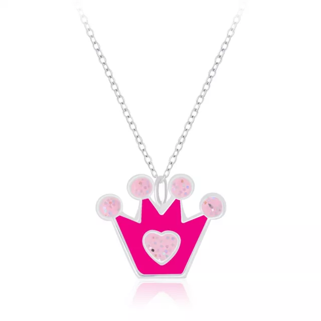 925 Sterling Silver Pink Glitter Crown Enamel Pendant Necklace Kids Girls Cute