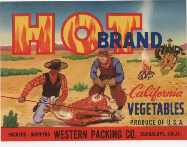 1940s " Hot " Brand California Vegetable Label with Cowboys Branding Cow