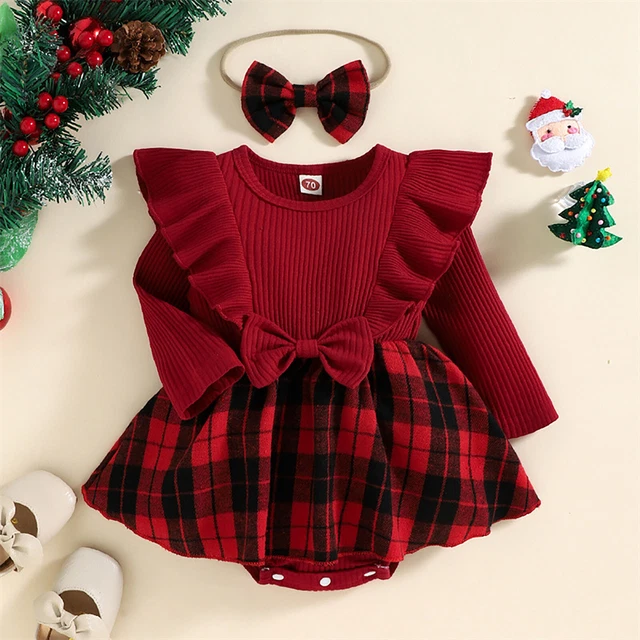 Newborn Baby Girls Outfits Knit Plaid Skirt Jumpsuit Dress Bowknot Headband Set
