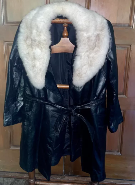 Vintage c1960 black soft Leather Sz 12 Jacket Coat Fur collar lined taylor made