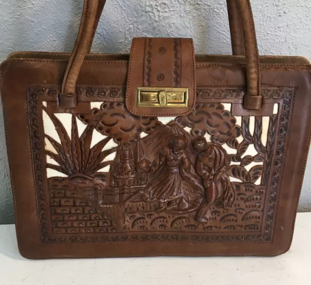 Vtg Mexican Leather Purse Handbag Embossed Hand Tooled Carved Hat Dancers