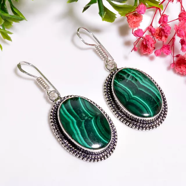 Malachite Gemstone Vintage Handmade 925 Sterling Silver Earrings 1.9" GSR-4411