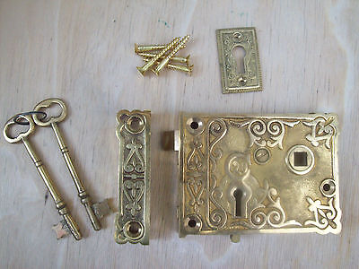 Fancy Ornate Decorative Old Victorian Style Solid Brass Door Rim Lock Knob Set 3