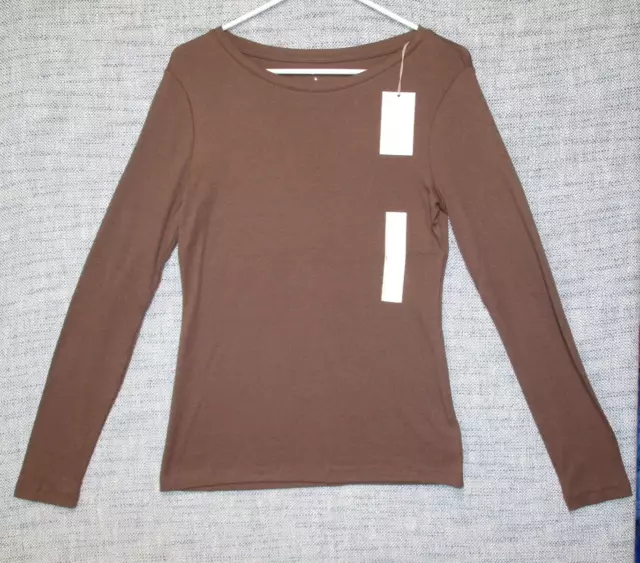 Womens Long Sleeve T Shirt Solid Stretch Top Ribbed Knit Brown Size S