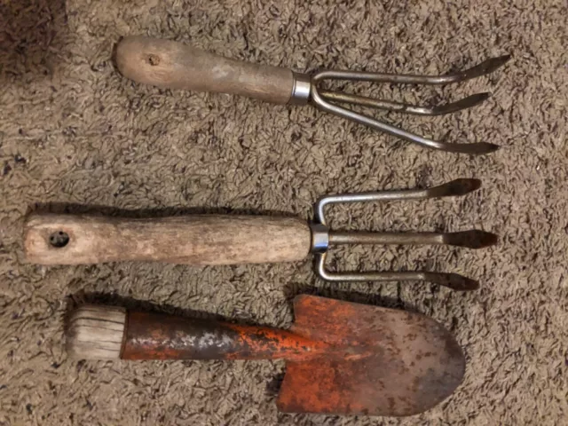 3 Vintage  Gardening HAND  Tools wood handles