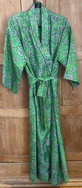 Hand Made LONG Vintage Silk Japanese Kimono Robe Green Floral Light Weight Unuse