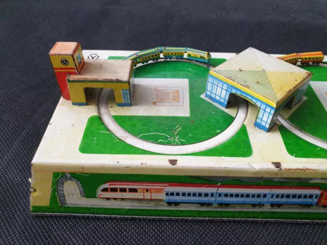 Vintage Tin Plate Clockwork Mechanical Train Toy with Two Trains USSR 1960s 2