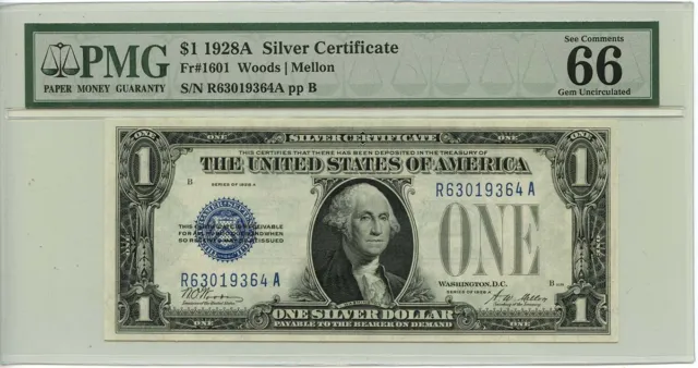 1928A $1 Silver Certificate Blue Woods Mellon Fr# 1601 PMG GEM 66 EPQ
