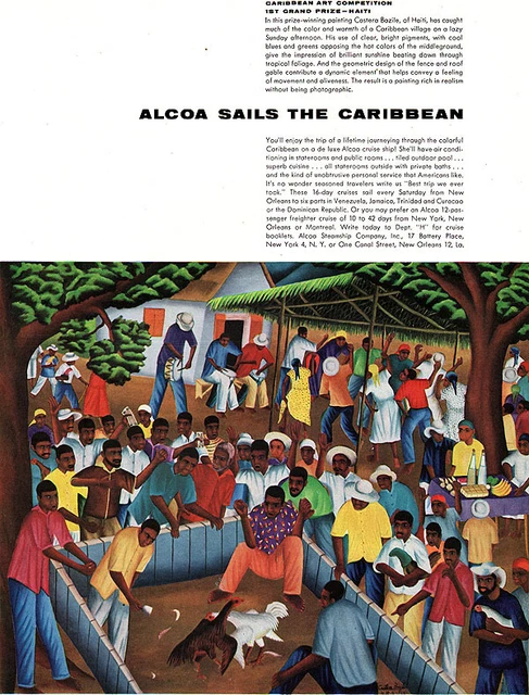 Caribbean Village by Castera Bazile ALCOA STEAMSHIP CO. Haiti COCK FIGHT 1956 Ad