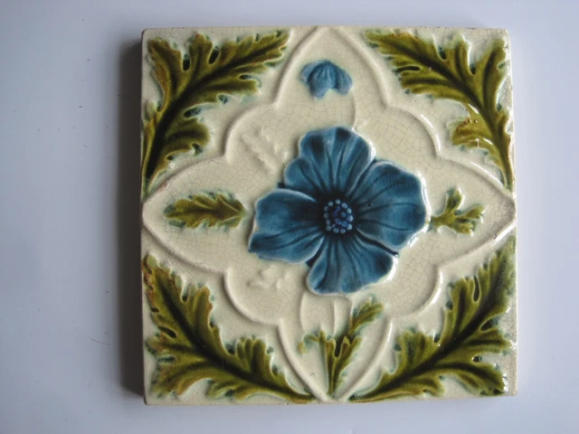 Antique Victorian 6" Moulded Majolica Tile - Blue Flower - Corn Bros.